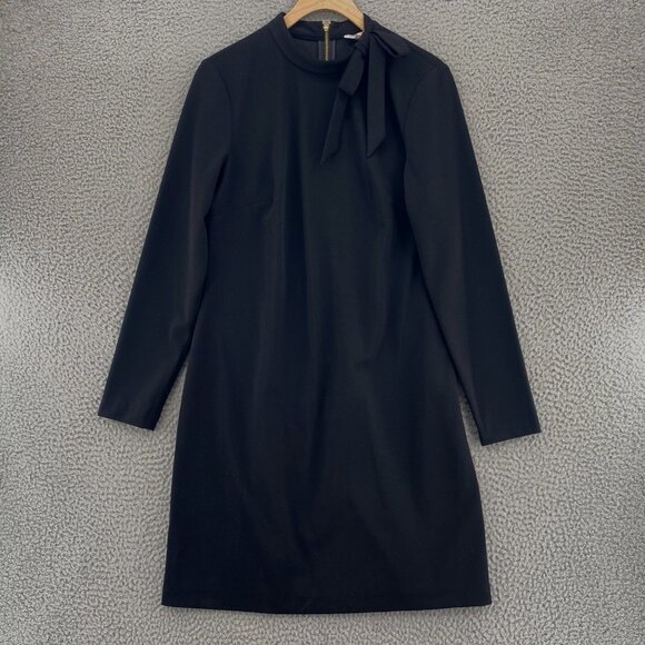 Calvin Klein Dress Womens 10 Black Shift Long Sleeve Tie Neck Stretch Knit Mini - Picture 1 of 10